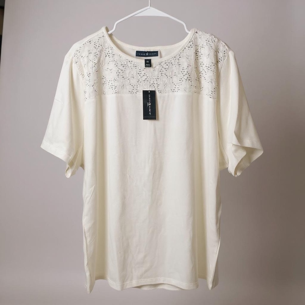 Karen Scott Cream Short Sleeve Tee with Lace Detail